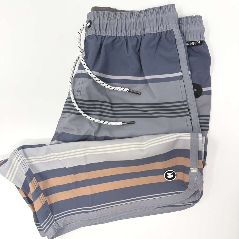 Jetty Mens Small Striped Board Shorts Blue‎ Grey Recycled Stretch Swim Trunks